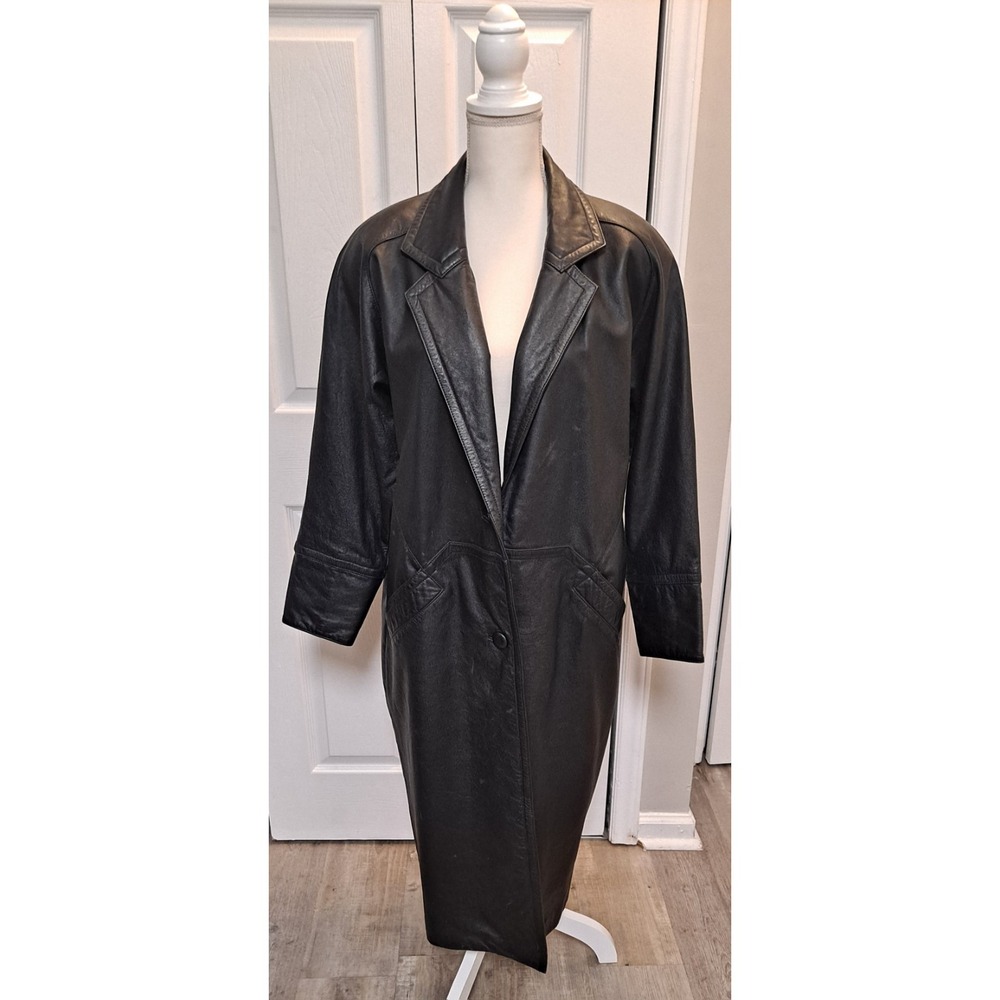 Global Identity G-III Vintage Black Leather Trench Coat Duster Women's  M READ‎